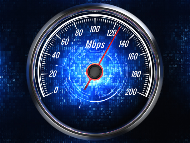 Wysoki szybkość internet połączenie koncepcja - prędkościomierz z szybkości połączenia internetowego. Widok z przodu. renderowania 3D - Zdjęcie, obraz