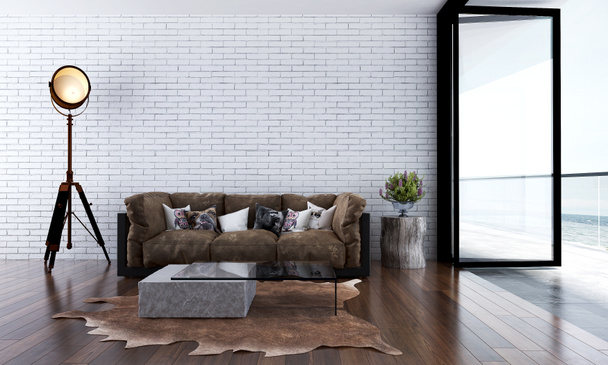 die Innenarchitektur-Idee des minimalen Wohnzimmers mit weißer Ziegelwand und Meerblick - Foto, Bild