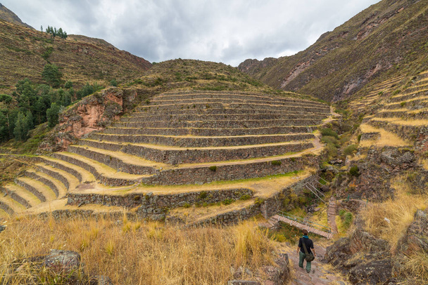 Tourisme explorant les sentiers Inca et les majestueuses terrasses de Pisac, Vallée Sacrée, destination touristique majeure dans la région de Cusco, Pérou. Vacances et aventures en Amérique du Sud
. - Photo, image