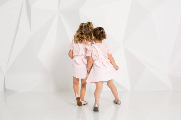 Dos niñitas graciosas y risueñas en vestidos suavemente rosados jugando en un estudio blanco
 - Foto, imagen