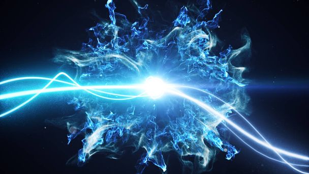 Две полосы синего света вспыхивают на черном фоне с дымом и легкими частицами и взрываются в космосе при взаимодействии друг с другом 3d иллюстрации
 - Фото, изображение