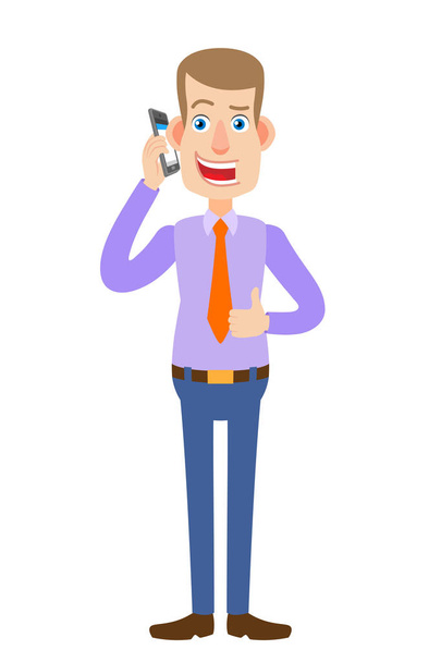 Businessman talking on mobile phone and showing thumb up - Vektor, kép