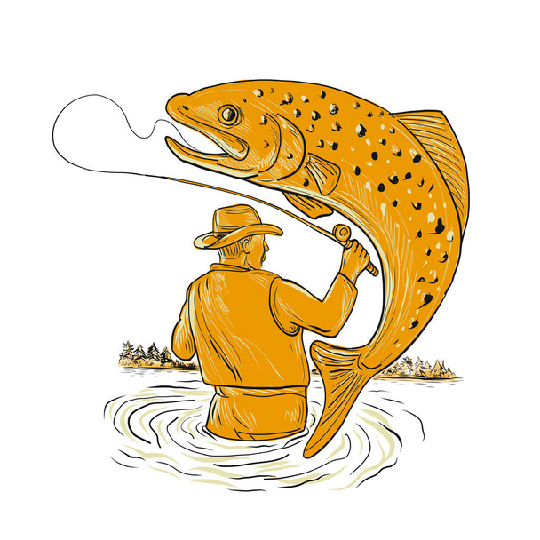 Fly halász tántorgó pisztráng rajz - Vektor, kép