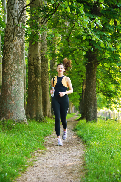 Young beautiful woman jogging at morning in park - Fotoğraf, Görsel