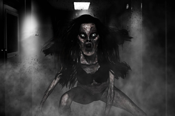 3d illustration of scary ghost woman in the dark,Horror background,mixed media  - Фото, зображення