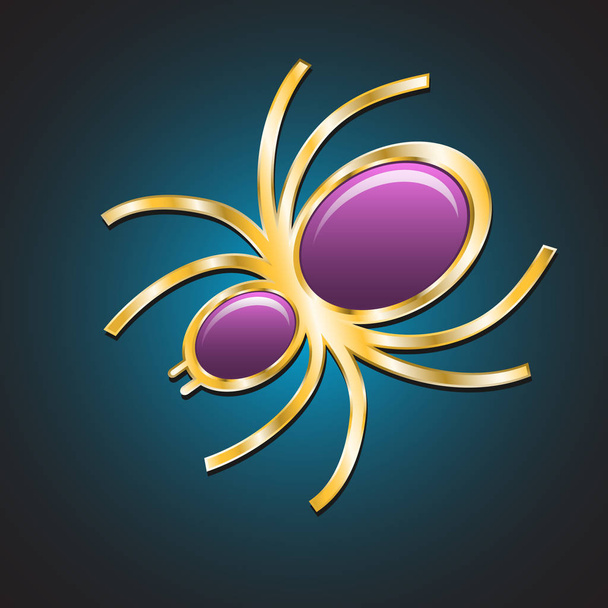 Spinne. goldene Spinne mit Intarsien aus glänzend violetten Steinen. Vektorillustrationen - Vektor, Bild