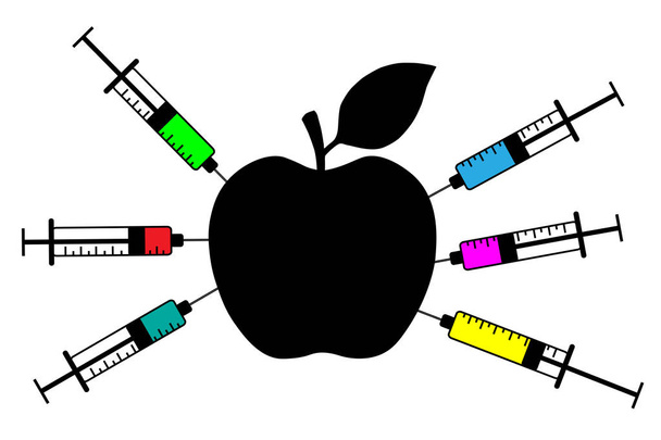 Apple with syringe. Genetically modified fruit and syringe with colorful chemical. GMO food. - Vector, Image