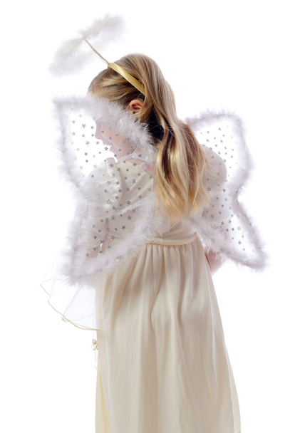 Kislány angyal vissza, elszigetelt fehér background - Fotó, kép