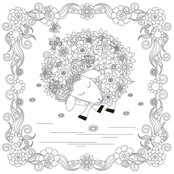 Anti stress abstract sheep, butterflies, square flowering frame hand drawn monochrome vector illustration - Vector, Image