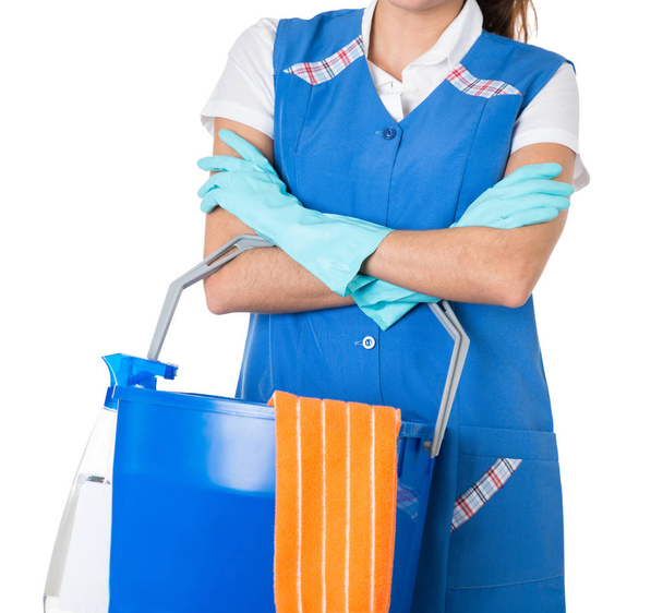 Female Janitor With Cleaning Equipments - 写真・画像