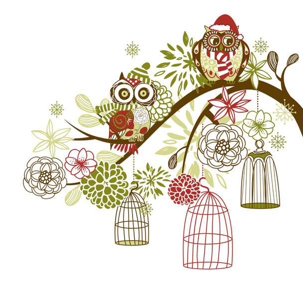 Owl winter floral background. Owls out of their cages concept vector - Vektor, kép