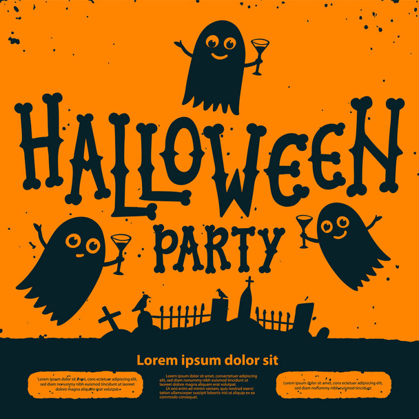 Einladungskarte zur Halloween-Party. Einladungsflyer zur Halloween-Party. Geister mit Cocktails auf dem Friedhof auf orangefarbenem Hintergrund. Halloween-Flyer mit Text-Halloween-Party auf Grunge-Textur - Vektor, Bild