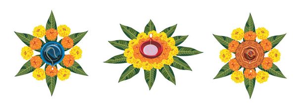Illustrazione stock di rangoli di fiori per Diwali o pongal o onam realizzati con fiori di calendula o zendu e petali di rosa rossa su sfondo bianco con diwali diya al centro
  - Foto, immagini