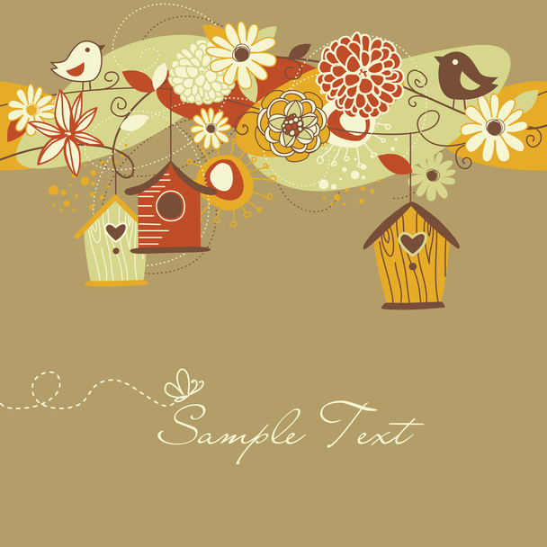 Beautiful Autumn background with bird houses, birds and flowers - Vector, imagen