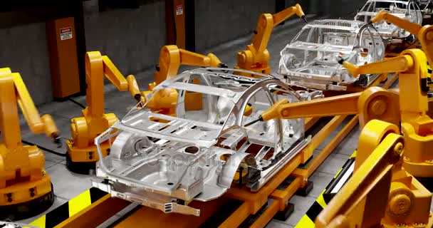 Перемещение конвейерной ленты с рамками автомобилей и роботов-сварщиков
 - Кадры, видео