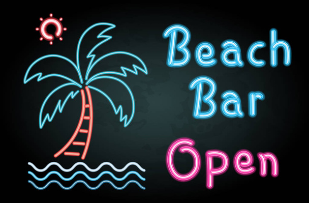 Νέον φως με λέξη beach bar ανοικτό - Διάνυσμα, εικόνα