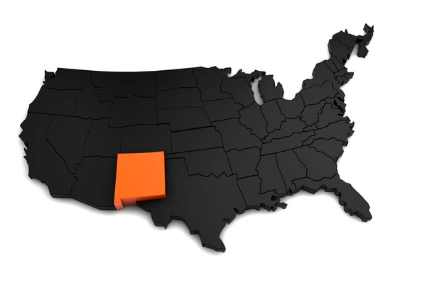 Spojené státy americké, 3d černá mapa, s státu Nové Mexiko vyznačena v oranžové barvě. 3D vykreslování - Fotografie, Obrázek