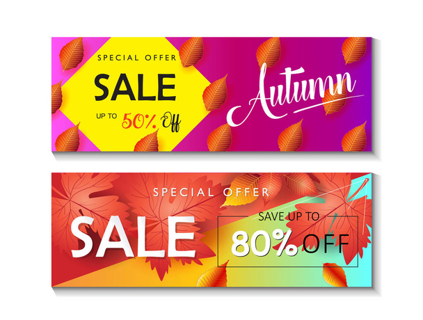 Mid season sale web banners set. Autumn Sale discount gift card. Fall maple leafs abstract background. Save up to half price. Shop whole sale coupon & discover up to 50% off text web banners vector card. Fall Sale Advertising, Thanksgiving, Halloween - Vector, Imagen