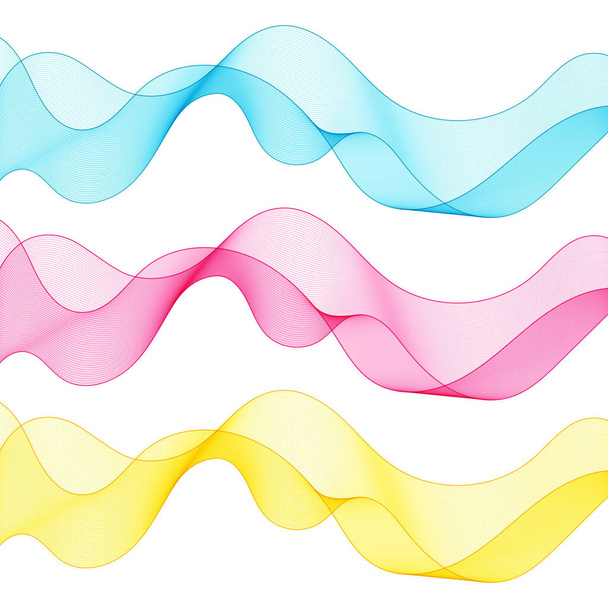 Set van abstracte geïsoleerde blauw, roze, gele Golf regels voor wit - Vector, afbeelding