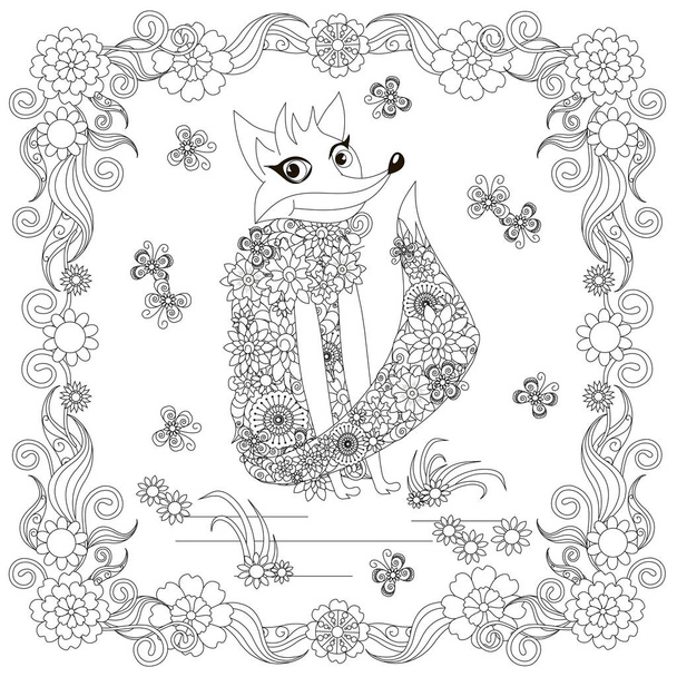 Anti stress abstract fox, butterflies, square flowering frame hand drawn monochrome vector illustration - Vector, Image