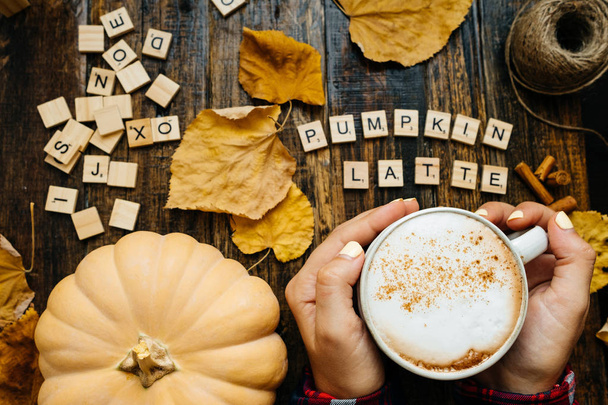 Pumkin latte wooden blocks against a rustic wood background with - Photo, Image