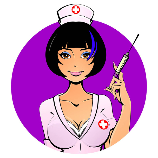 Sexy Asian nurse with a syringe for a shot. Avatar, icon. For adults. - Vektör, Görsel