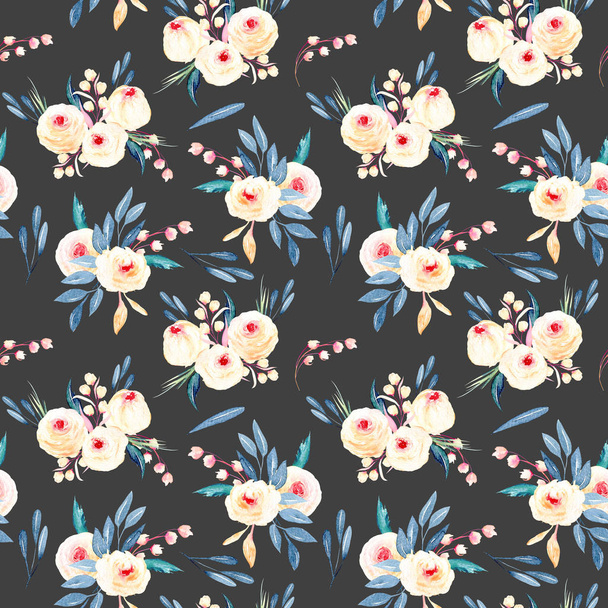 Pembe ve mavi tonları suluboya çiçek buketleri ile sorunsuz çiçek desenli - Fotoğraf, Görsel
