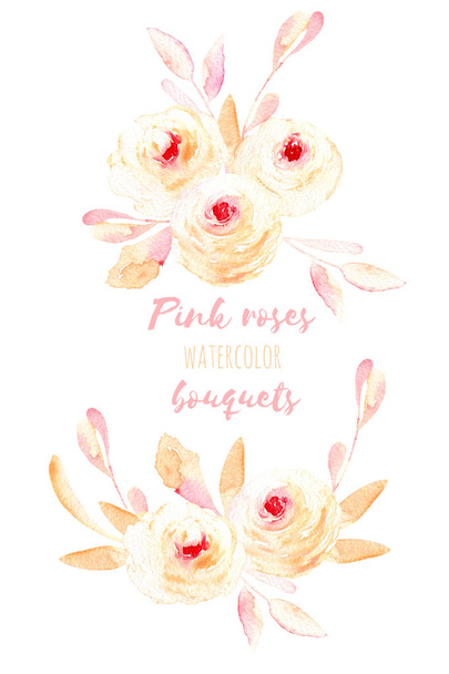Σετ ακουαρέλας ροζ τριαντάφυλλα και τα φύλλα εικονογράφηση ανθοδέσμες - Φωτογραφία, εικόνα
