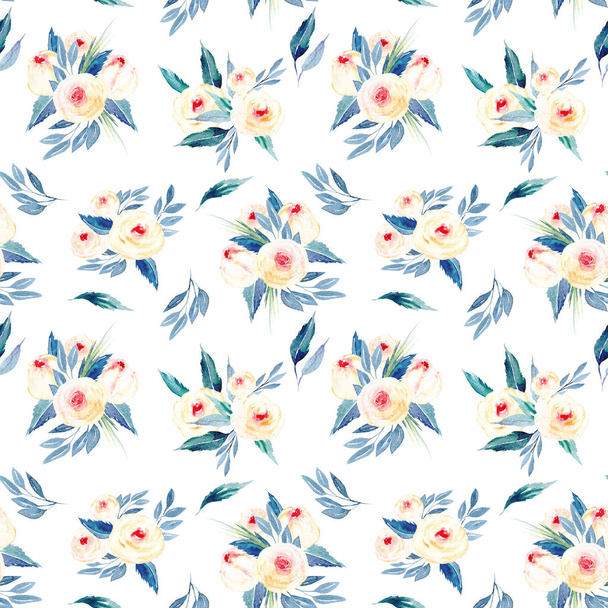 Seamless floral pattern with watercolor flower bouquets in pink and blue shades - Фото, изображение