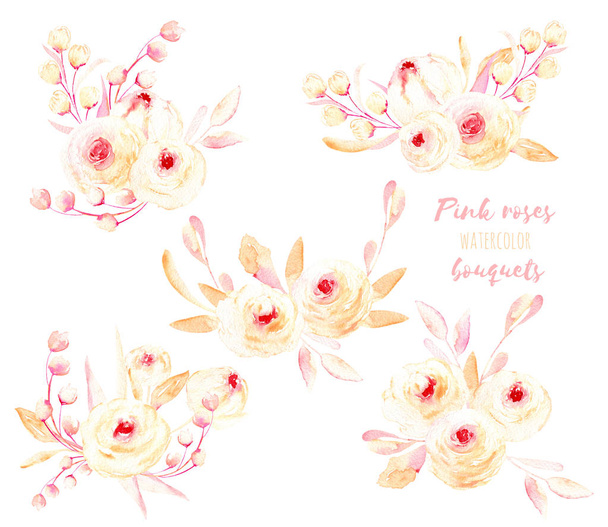 Set of watercolor pink roses and leaves bouquets illustration - Photo, Image