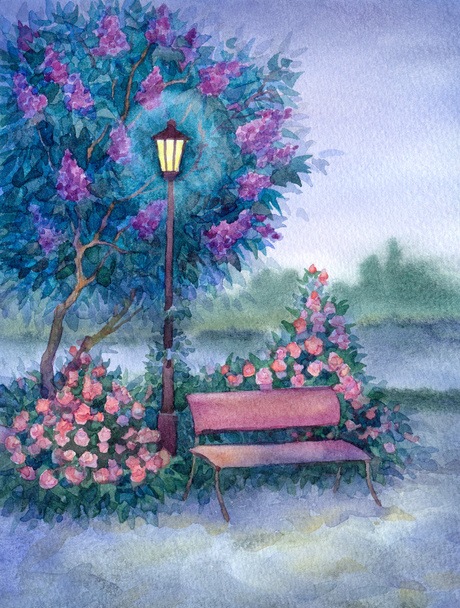 Watercolor landscape. Glowing lantern near the bench in spring p - Photo, Image