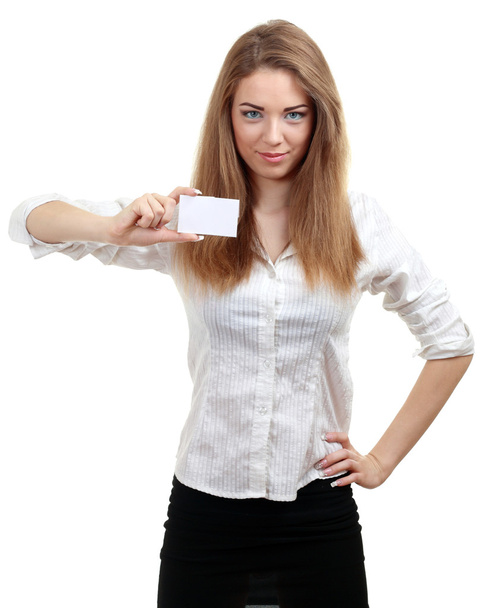 Woman holds out a business card - Fotó, kép