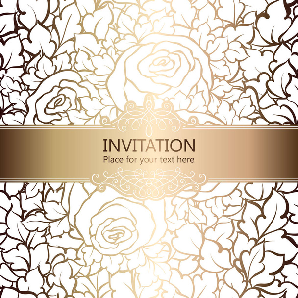 Abstract background with roses, luxury white and gold vintage frame, victorian banner, damask floral wallpaper ornaments, invitation card, baroque style booklet, fashion pattern, template for design. - Vector, Image