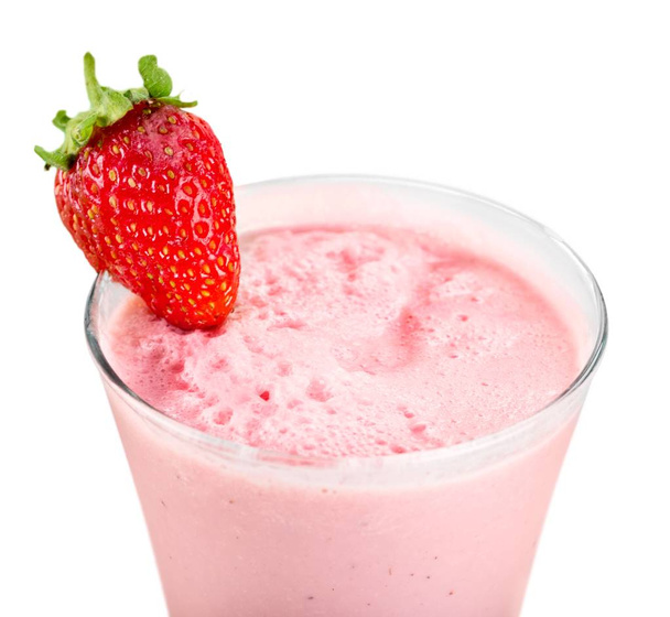 Glass of strawberry milkshake isolated on  background - 写真・画像