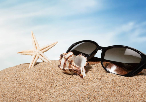 seashell and sunglasses on sand background. Travel concept  - Photo, Image