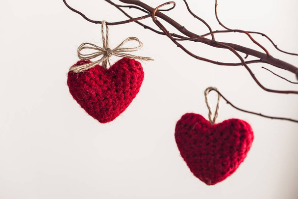 red hearts hanging on a branch - 写真・画像