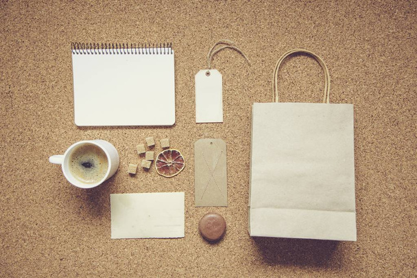 vintage style flat lay, dry flowers, blank cards, coffee cup - 写真・画像