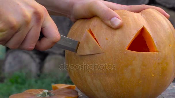 Man carves from a pumpkin Jack-o-lantern in the backyard on a tree stump - Footage, Video