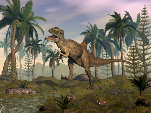 Concavenator-dinosaurus brullende in de woestijn - 3d render - Foto, afbeelding