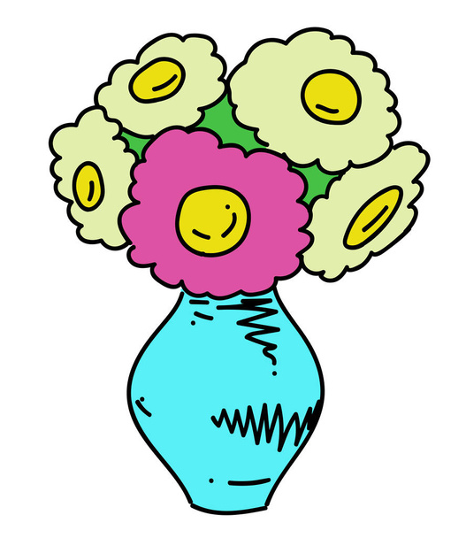 Vase of flowers cartoon hand drawn image - Vector, Imagen