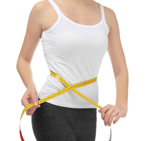 Young woman with measuring tape on white background. Diet concept - Valokuva, kuva