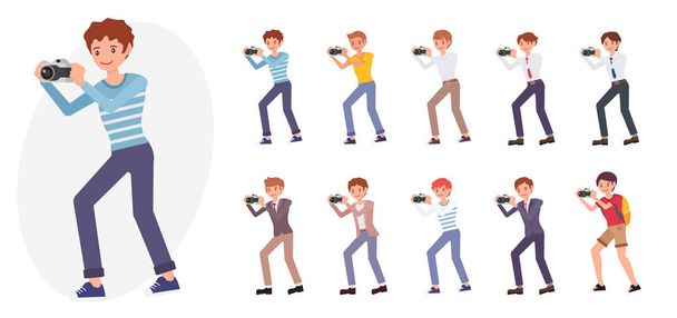 Cartoon character design male young man take picture with camera - Vector, Image