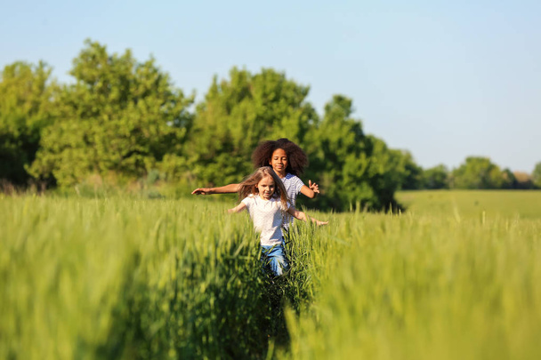 Happy little girls in green field - Fotografie, Obrázek