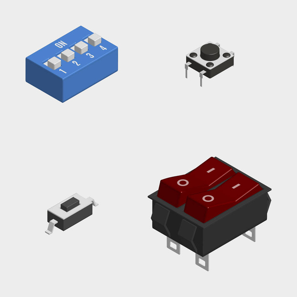 Набор различных электрических кнопок и переключателей в 3D, векторная иллюстрация
. - Вектор,изображение
