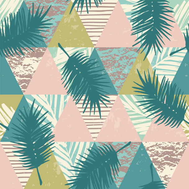 Seamless exotic pattern with tropical plants and geometric background. - Vector, afbeelding