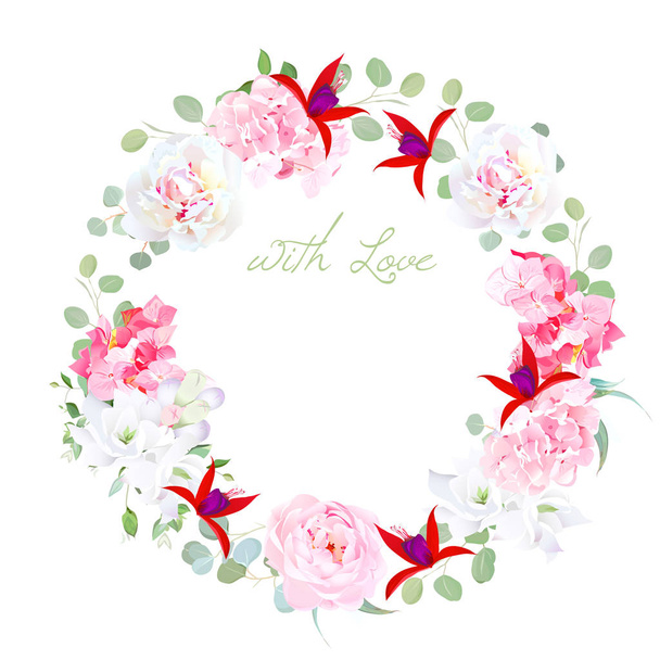 Kukkiva pioni, vaaleanpunainen hortensia, ruusu, valkoinen freesia, punainen fuksia
 - Vektori, kuva