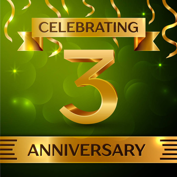 Realistic Three Years Anniversary Celebration Design. Confetti and gold ribbon on green background. Colorful Vector template elements for your birthday party. Anniversary ribbon - Vector, Image