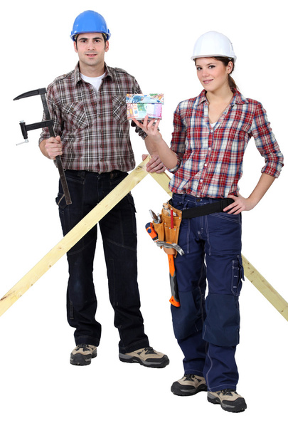 Two woodworker stood with money - Foto, Bild