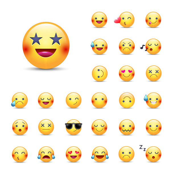 Smileys vector icon set. Emoticons pack. Happy, merry, singing, sleeping, ninja, crying, eyes in the form of stars, in love and other round yellow emoji face. Large collection of smiles - Wektor, obraz