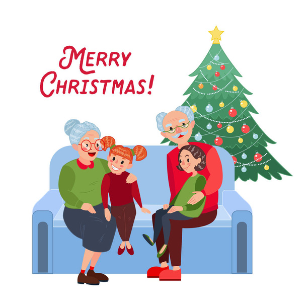 Grandparents with Grandchildren Celebrating Christmas. Winter Holidays. Vector illustration - Vector, Image